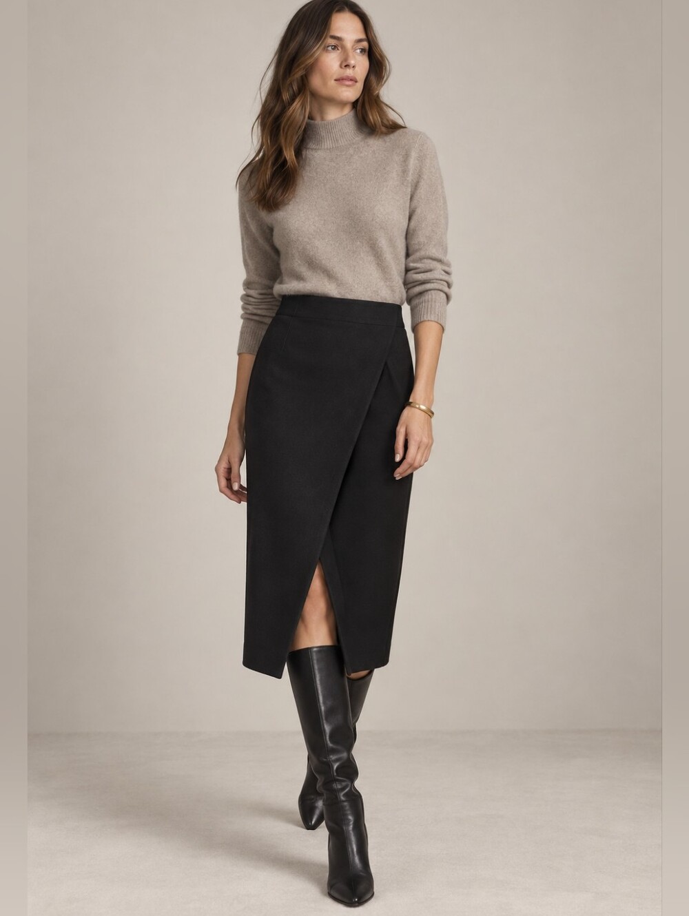 CUYANA Cotton Twill Paneled Faux Wrap Midi Pencil Skirt Black Size 0